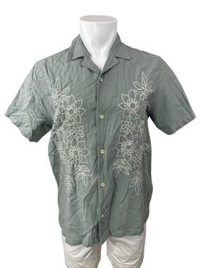 Folk Men's Green Linen Lace Floral Short Sleeve Button Down Shirt Top Size M